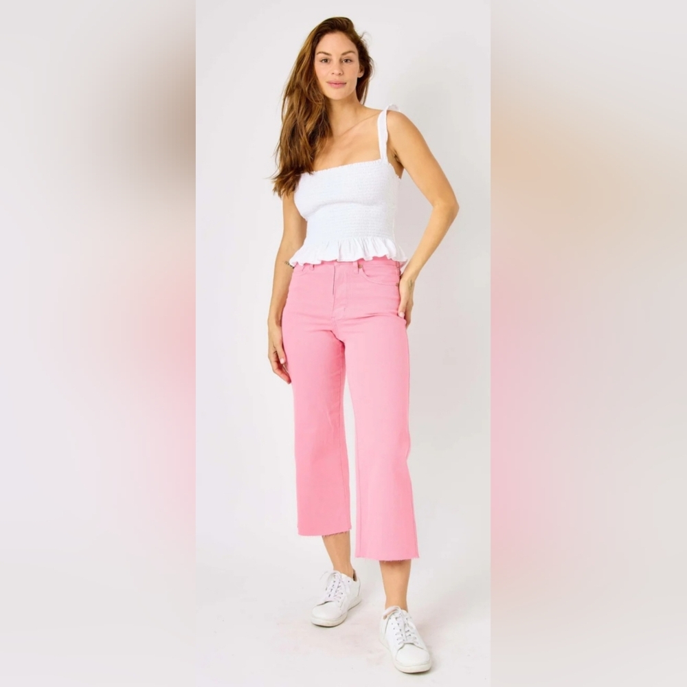 Judy Blue HR Tummy Control Wide Leg Cropped Jeans Pink Barbie Valentine 1/25 NWT